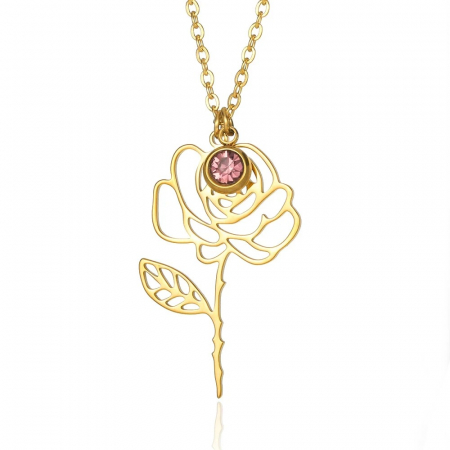 Floral Paradise - Colier Tricia C1, auriu, cu zirconiu, din oțel inoxidabil, cu pandantiv în formă de trandafir - Colecția Floral Paradise