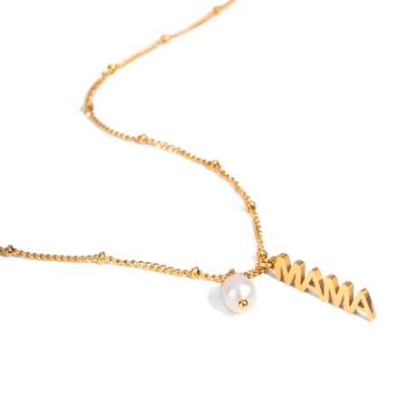 BIJUTERII OȚEL INOXIDABIL - Colier Selena, auriu, cu perla si pandantiv "Mama", din oțel inoxidabil placat cu aur 18K
