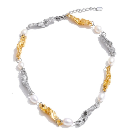 Coliere oțel inoxidabil - Colier Sonya, mix auriu și argintiu, din oțel inoxidabil placat cu aur 18K și perle naturale