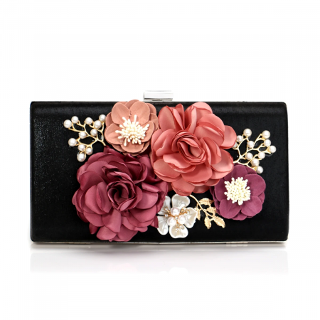 GENTI - Geantă clutch de ocazie Giuliana, neagră, cu model floral, decorată cu perle