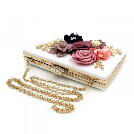 Geantă clutch de ocazie Ivory, albă, cu model floral, decorată cu perle [1]