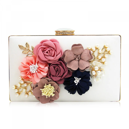 GENTI - Geantă clutch de ocazie Ivory, albă, cu model floral, decorată cu perle