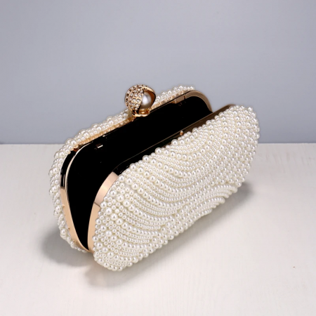 Geantă clutch de ocazie Mallory, albă, decorată cu perle [3]