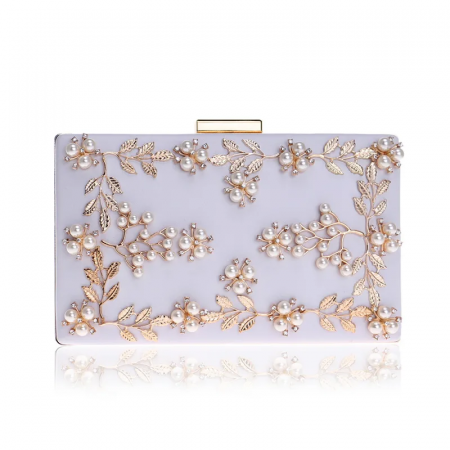 GENTI - Geantă clutch de ocazie Mikaela, albă, decorată cu perle