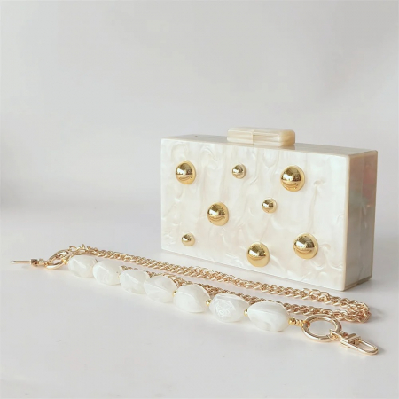 Geantă clutch premium Talia, alb ivory, dreptunghiulară, cu perle aurii [2]