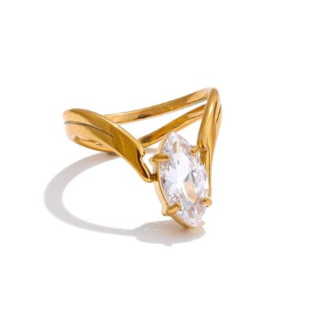 Inele oțel inoxidabil - Inel Aletta, auriu, cu piatră în formă de lacrimă, din oțel inoxidabil placat cu aur 18K