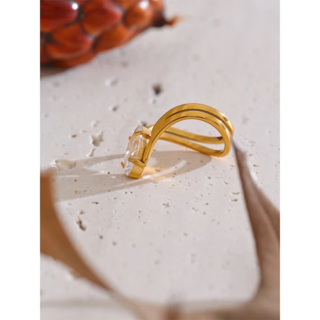 Inel Aletta, auriu, cu piatră în formă de lacrimă, din oțel inoxidabil placat cu aur 18K [3]