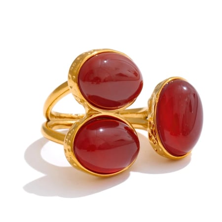INELE - Inel Celia, auriu, cu pietre ovale de agat roșu, din oțel inoxidabil placat cu aur 18K, reglabil