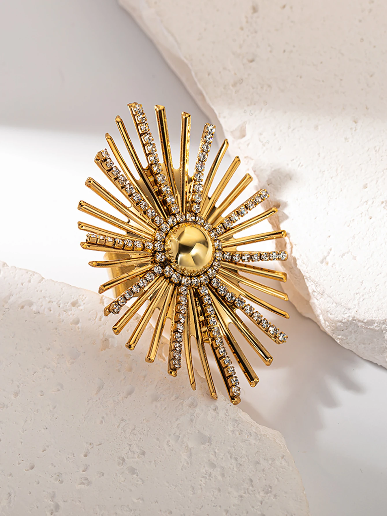 Inel Eda, auriu, din oțel inoxidabil, în formă de soare, cu zirconiu, reglabil - Colecția Glamour [5]