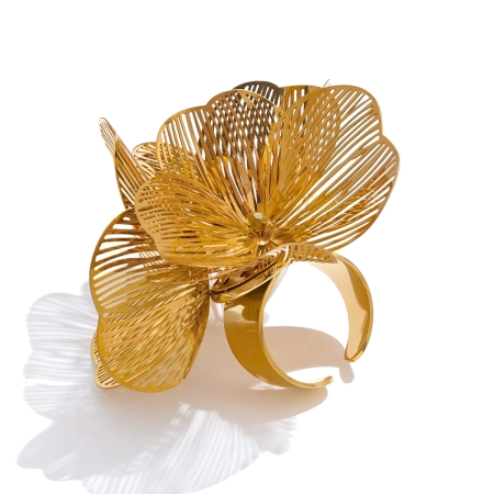 Glamour - Inel Eda, auriu, oversize, din oțel inoxidabil placat cu aur, cu model abstract floral, reglabil - Colecția Glamour