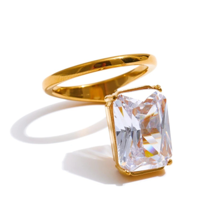 INELE - Inel Gale, auriu, cu piatră dreptunghiulară de zirconiu, din oțel inoxidabil placat cu aur 18K