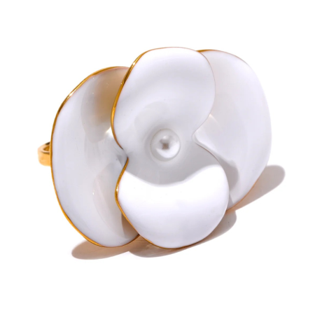 Floral Paradise - Inel Hyacinth, alb cu auriu, în formă de floare, din oțel inoxidabil placat cu aur 18K, reglabil - Colecția Floral Paradise