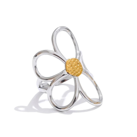 Floral Paradise - Inel Floria, argintiu, în formă de floare, din oțel inoxidabil placat cu aur 18K, reglabil - Colecția Floral Paradise