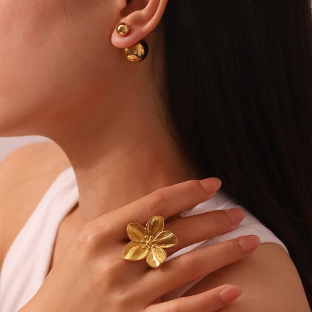 Inel Janna, auriu, în formă de floare, placat cu aur 18K, din oțel inoxidabil, reglabil - Colecția Floral Paradise [3]