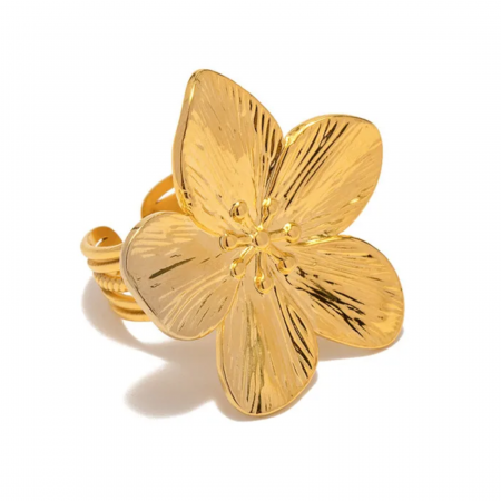 BIJUTERII OȚEL INOXIDABIL - Inel Janna, auriu, în formă de floare, placat cu aur 18K, din oțel inoxidabil, reglabil - Colecția Floral Paradise