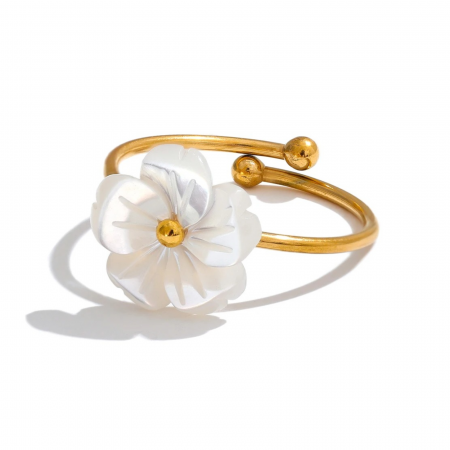 BIJUTERII OȚEL INOXIDABIL - Inel Laelia, auriu, din oțel inoxidabil placat cu aur 18K, cu model floral, reglabil