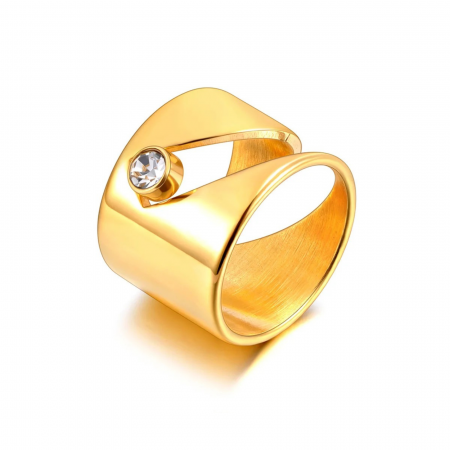 BIJUTERII OȚEL INOXIDABIL - Inel Jadiel, auriu, din oțel inoxidabil placat cu aur 18K, model geometric cu zirconiu - Colecția Parisian