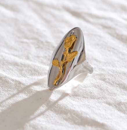 Inel Megan, argintiu, oval, din oțel inoxidabil placat cu aur 18K, reglabil - Colecția Floral Paradise [2]