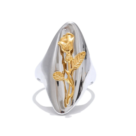 Inel Megan, argintiu, oval, din oțel inoxidabil placat cu aur 18K, reglabil - Colecția Floral Paradise [1]