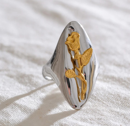 Inel Megan, argintiu, oval, din oțel inoxidabil placat cu aur 18K, reglabil - Colecția Floral Paradise [4]