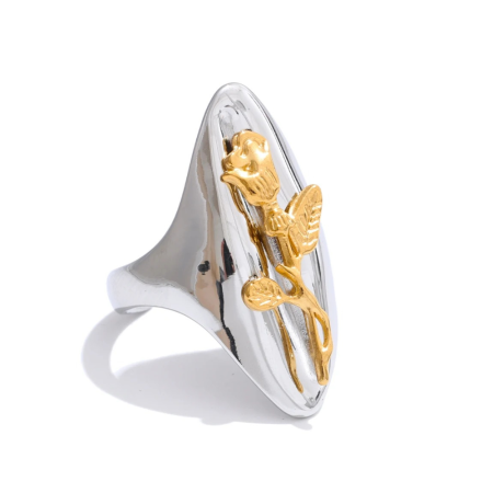 Floral Paradise - Inel Megan, argintiu, oval, din oțel inoxidabil placat cu aur 18K, reglabil - Colecția Floral Paradise