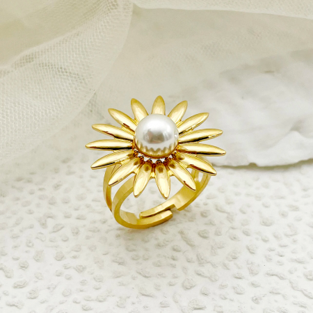 Inel India, auriu, din oțel inoxidabil, cu perlă și model floral, reglabil - Colecția Universe of Pearls [4]