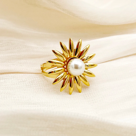 Inel India, auriu, din oțel inoxidabil, cu perlă și model floral, reglabil - Colecția Universe of Pearls [3]