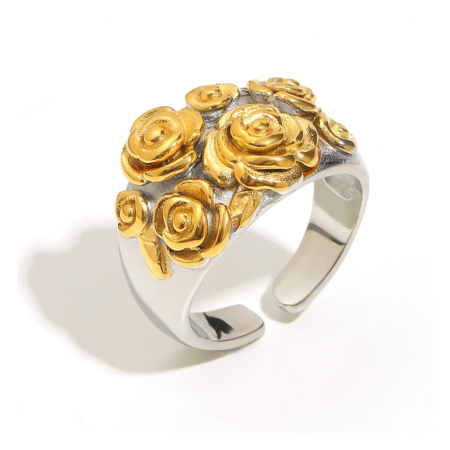 Inele oțel inoxidabil - Inel Rosalin, mix auriu cu argintiu, cu model floral, din oțel inoxidabil placat cu aur 18K, reglabil