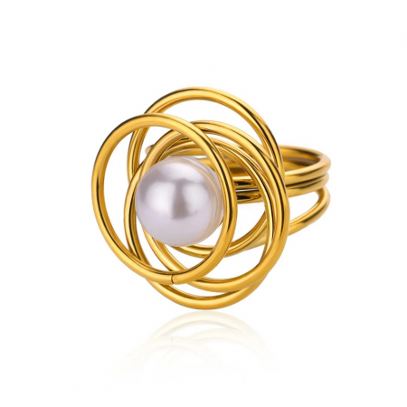 BIJUTERII OȚEL INOXIDABIL - Inel Sally, auriu, cu perlă și model abstract, din oțel inoxidabil - Colecția Universe of Pearls