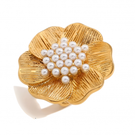 BIJUTERII OȚEL INOXIDABIL - Inel Erie, auriu, în formă de floare, cu perle, din oțel inoxidabil placat cu aur 18K - Colecția Universe of Pearls