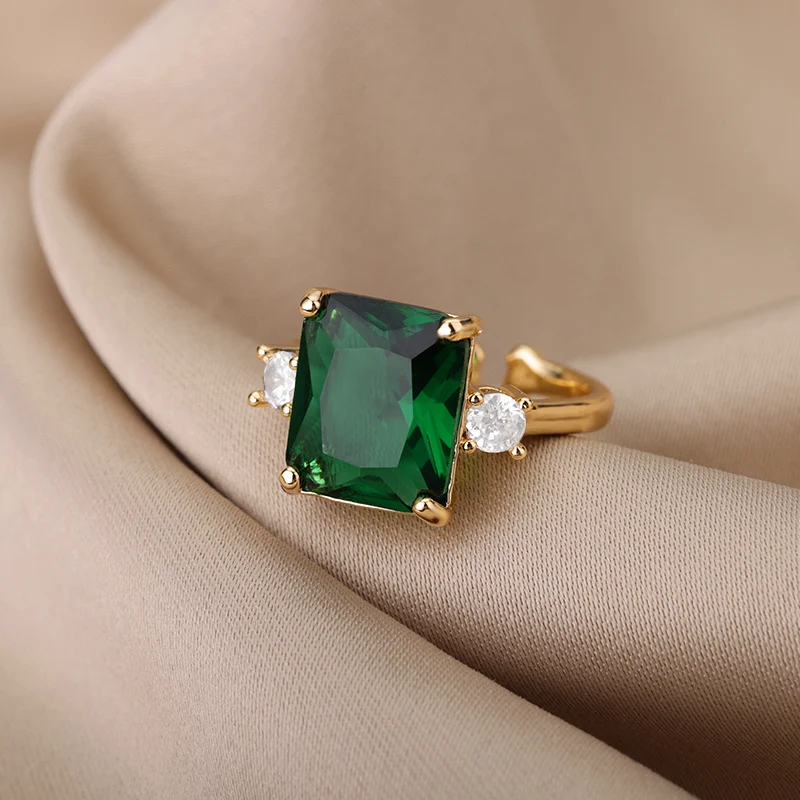 Inel Cassie, auriu, din oțel inoxidabil, decorat cu piatră verde de zirconiu, reglabil [4]