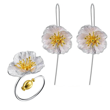 INELE - Set Bloom, inel și cercei, din argint placat cu aur 18K, cu model floral - Colecția Metamorphosis