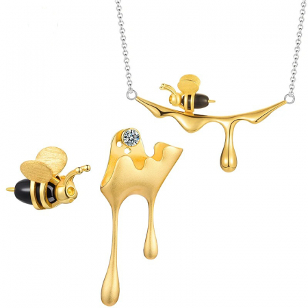 CERCEI - Set Honey Bee, colier și cercei, din argint placat cu aur 18K - Colecția Metamorphosis