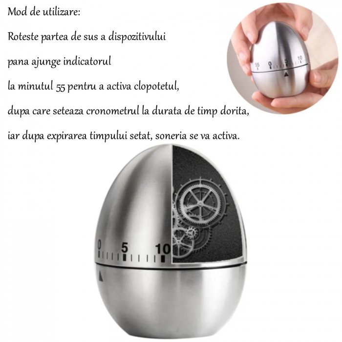 Timer inox in forma de ou, cronometru gatit, cronometru bucatarie cu alarma [4]