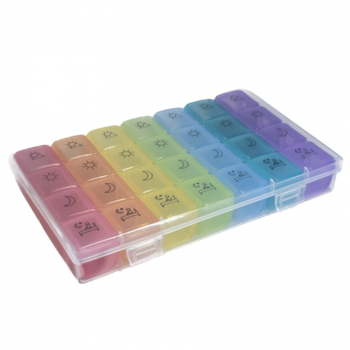 Organizator de medicamente saptamanal, 4 ori pe zi, 7 zile, 28 compartimente mari, cutie suport, multicolor [1]