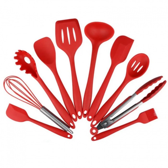 Set 10 ustensile de bucatarie din silicon, set ustensile colorate cu maner din silicon, negru [5]