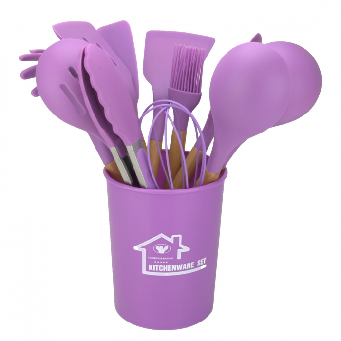 Set 12 piese, ustensile din silicon + suport, set ustensile colorate cu maner din lemn, violet [2]