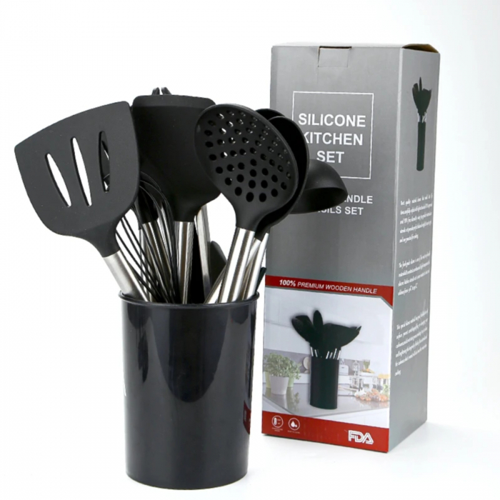 Set 14 ustensile de gatit, din silicon si inox, negru [2]