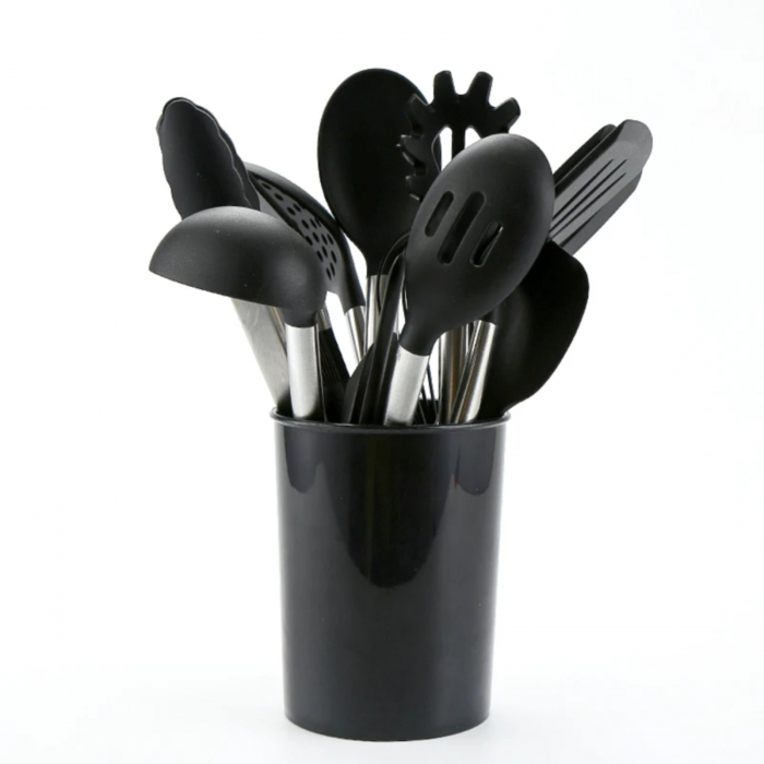 Set 14 ustensile de gatit, din silicon si inox, negru [3]