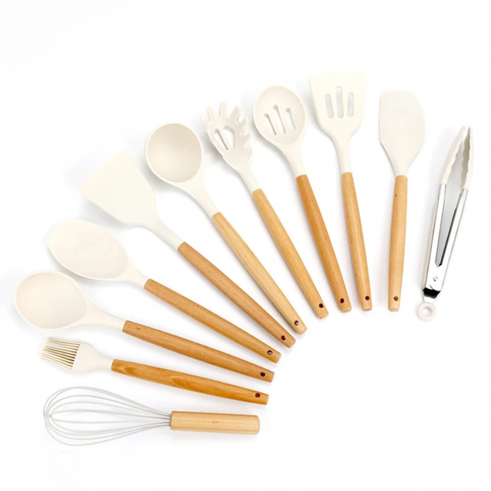 Set 18 ustensile de gatit, din silicon si inox, cu maner rezistent din lemn, suport si tocator, crem [3]