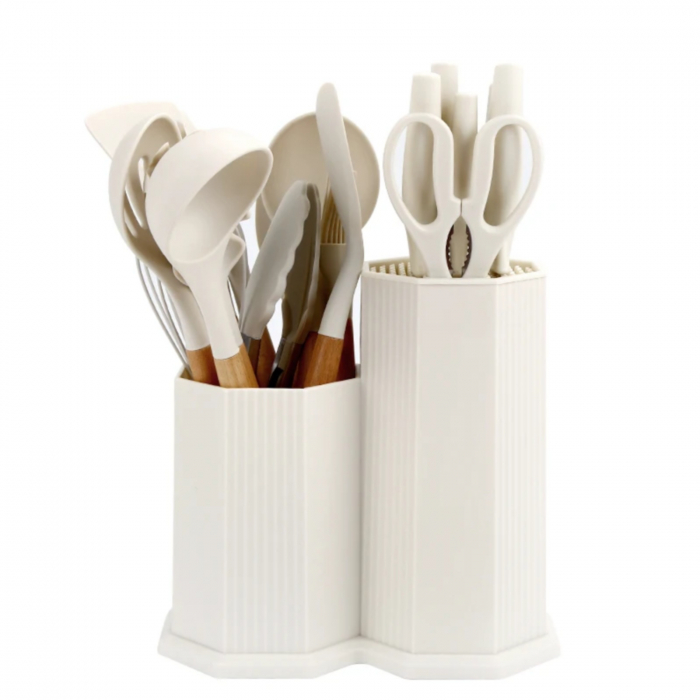 Set 18 ustensile de gatit, din silicon si inox, cu maner rezistent din lemn, suport si tocator, crem [5]