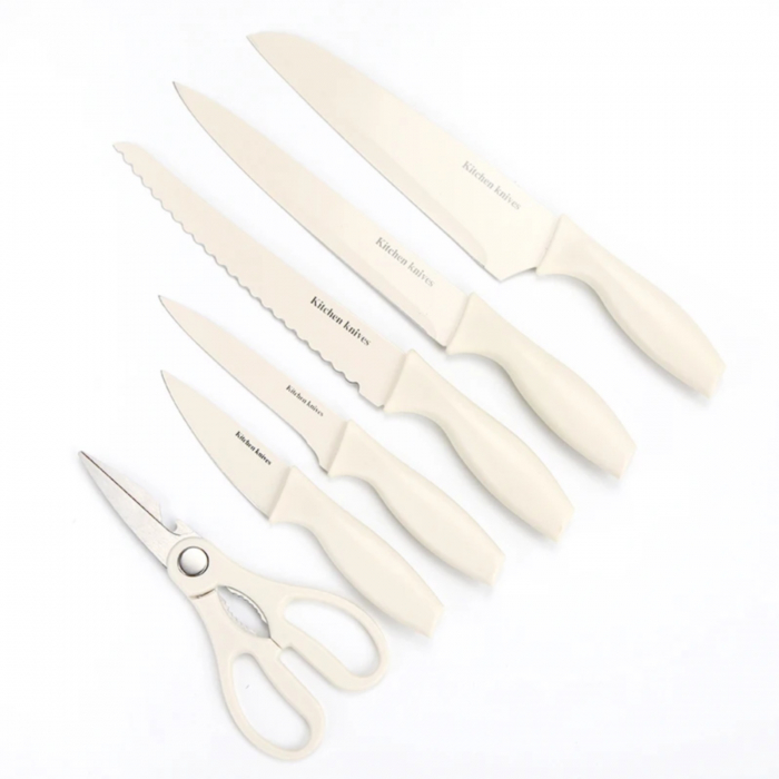 Set 18 ustensile de gatit, din silicon si inox, cu maner rezistent din lemn, suport si tocator, crem [2]