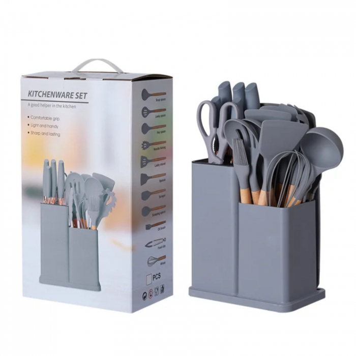 Set 19 ustensile de gatit, din silicon si inox, cu maner rezistent din lemn, suport si tocator, GRI [4]