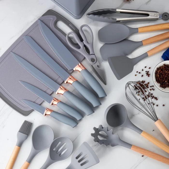 Set 19 ustensile de gatit, din silicon si inox, cu maner rezistent din lemn, suport si tocator, GRI [2]