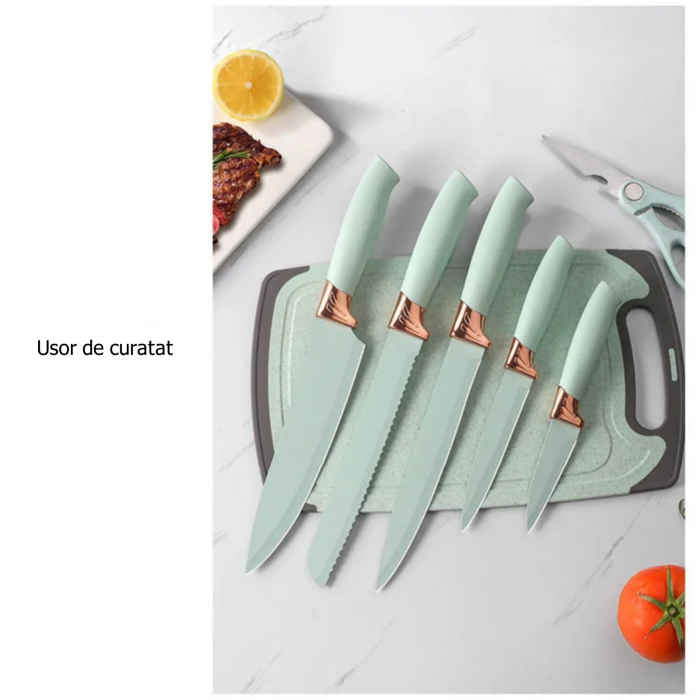 Set 19 ustensile de gatit, din silicon si inox, cu maner rezistent din lemn, suport si tocator, verde deschis [3]