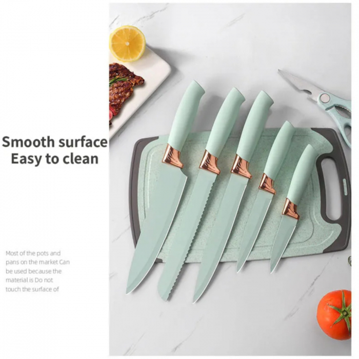 Set 19 ustensile de gatit, din silicon si inox, cu maner rezistent din lemn, suport si tocator, verde deschis [6]