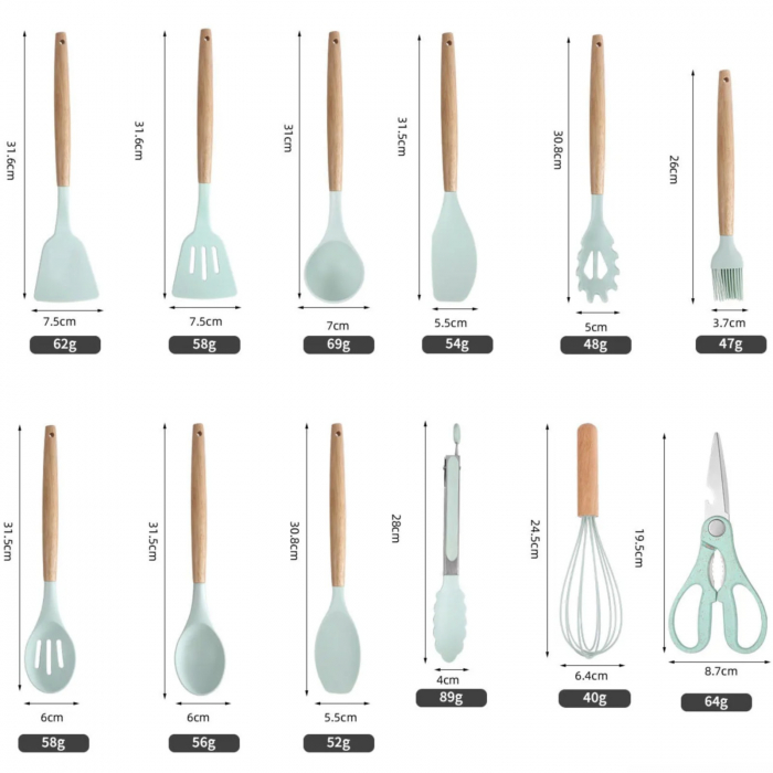 Set 19 ustensile de gatit, din silicon si inox, cu maner rezistent din lemn, suport si tocator, verde deschis [2]