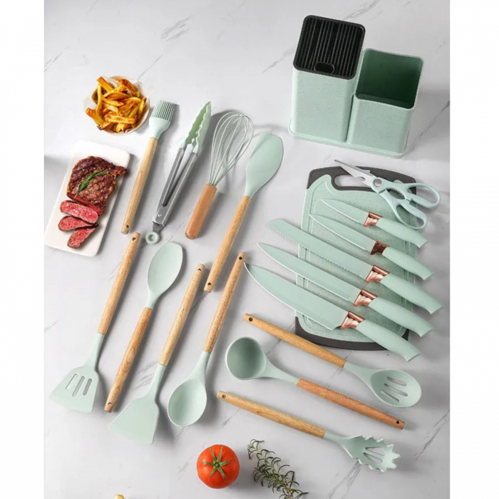 Set 19 ustensile de gatit, din silicon si inox, cu maner rezistent din lemn, suport si tocator, verde deschis [5]