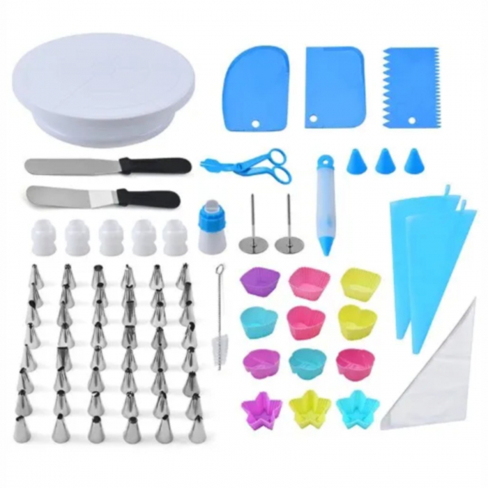 Set cu 80 piese, platou rotativ si accesorii pentru ornat, set decorare prajituri, set pos si duiuri, trusa de ornat tort [2]