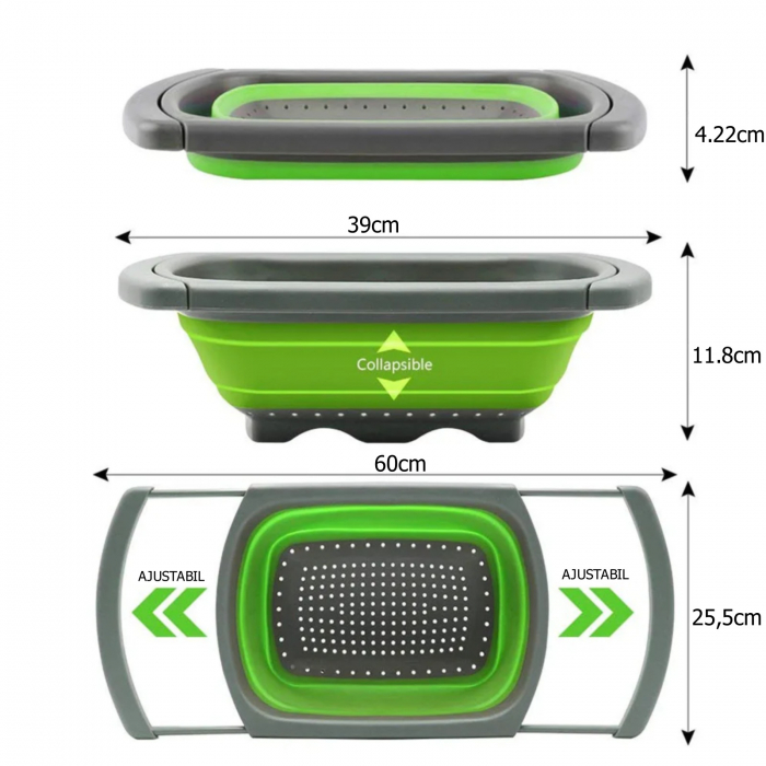 Strecuratoare pliabila din silicon, cu manere extensibile, sita cu manere pentru chiuveta spalat fructe si legume/scurs paste, manere reglabile [3]